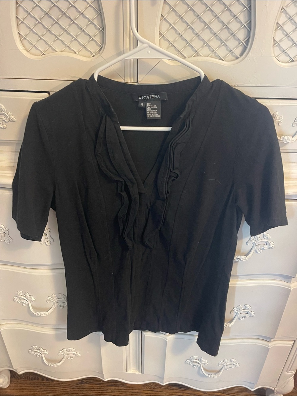 Etcetera Black Ruffle-Trim V-Neck Short Sleeve Top